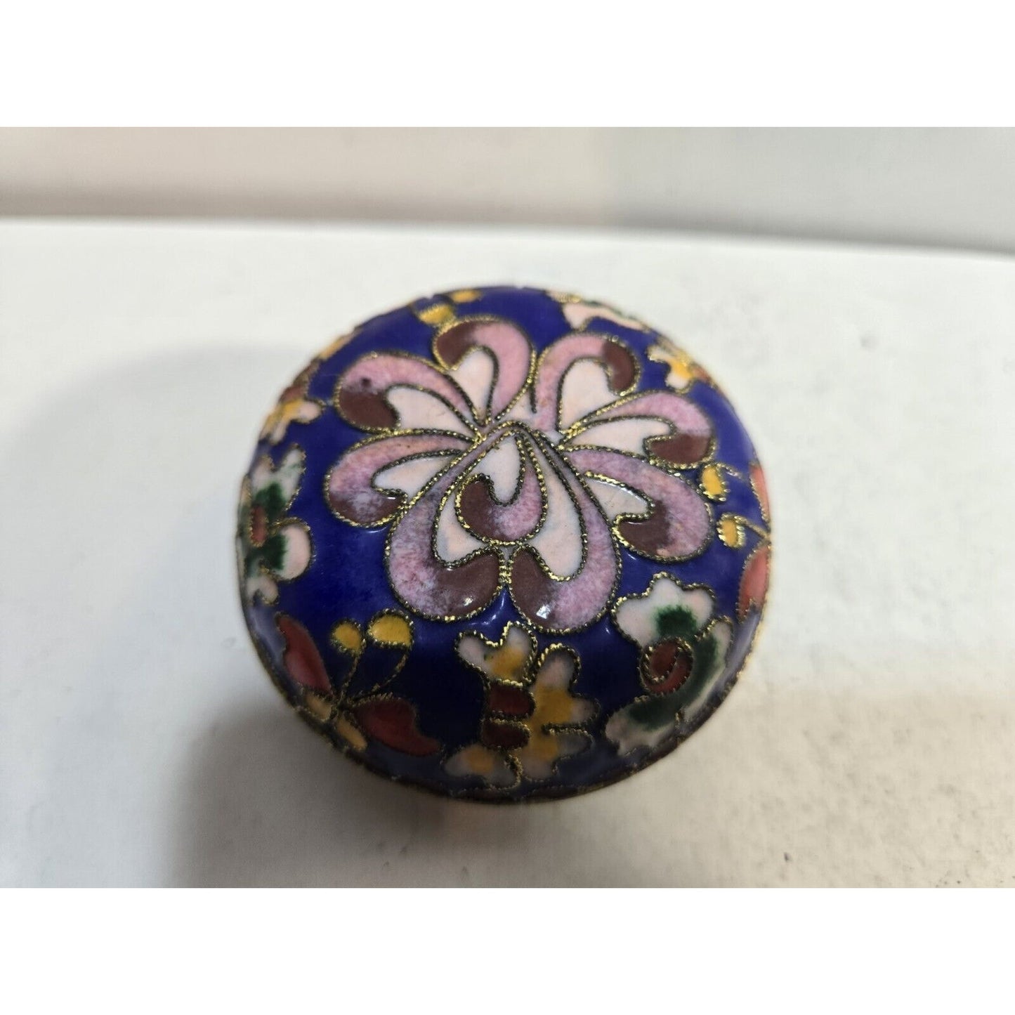 Vintage Enamel Jewelry Trinket Box Floral Brass 2 ½” Round Blue Inside