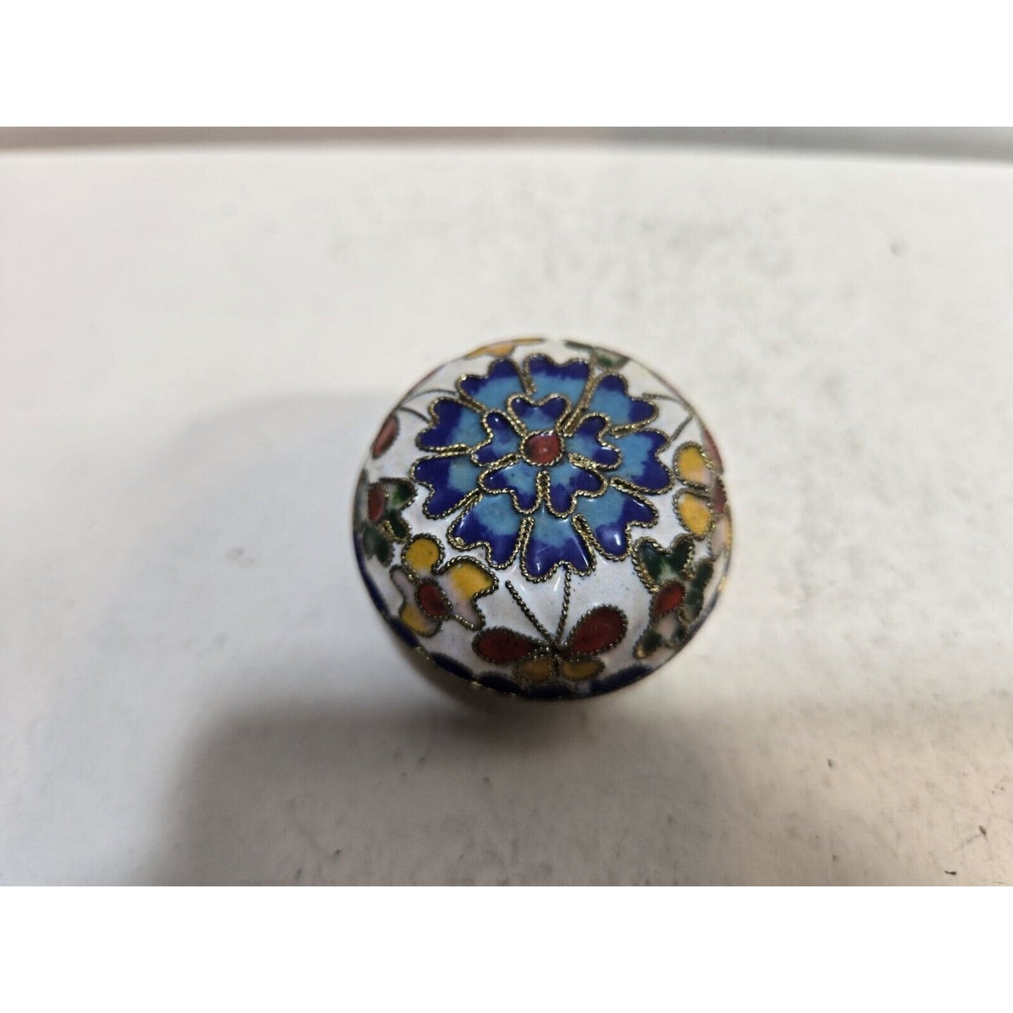 Vintage Enamel Jewelry Trinket Box Floral Brass 1 ½” Round