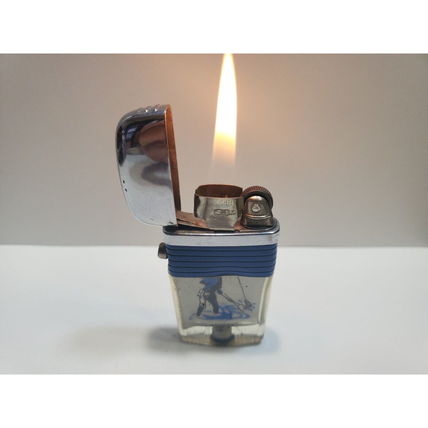 Vintage Scripto Fly Fisherman Catching Fish in a Stream-Vu-Lighter 6538/29