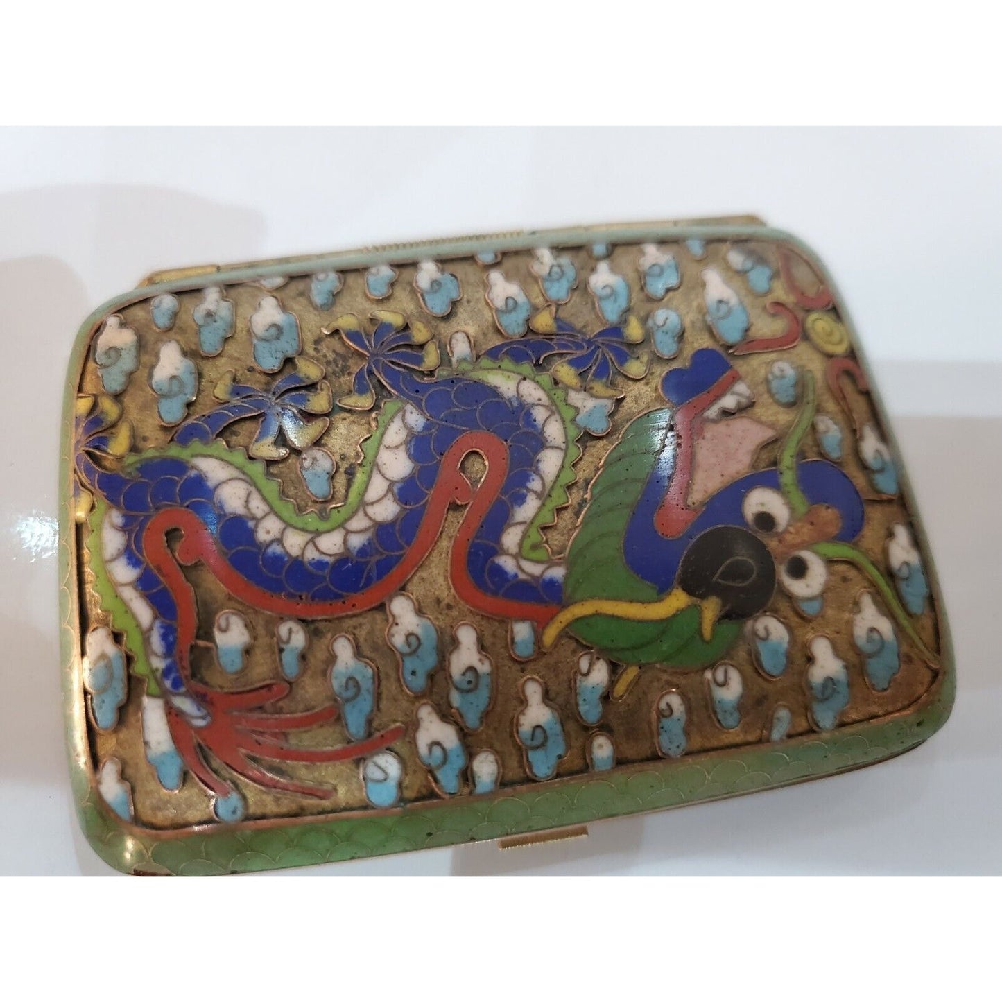 Antique ORIENTAL CLOISONNE ENAMEL Dragon Cigarette Case 3 x 2"