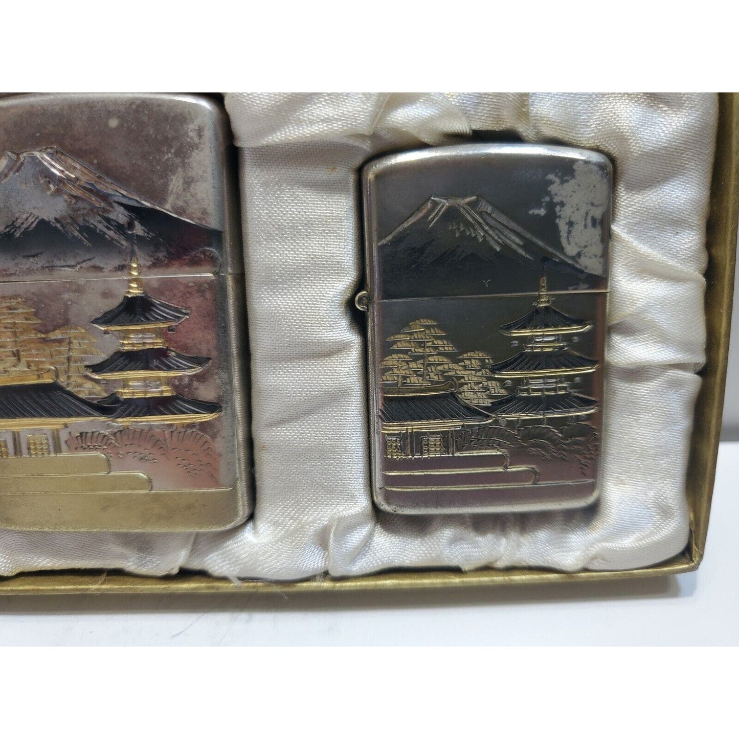 Set of 2 Working Vintage Japanese Damascene Mt Fuji Lighters Original Gift Case