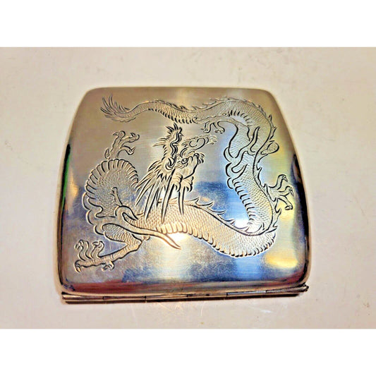 Antique Sterling Silver Chinese Dragon Cigarette Case 3 1/4 x 3 1/4" 6602/3