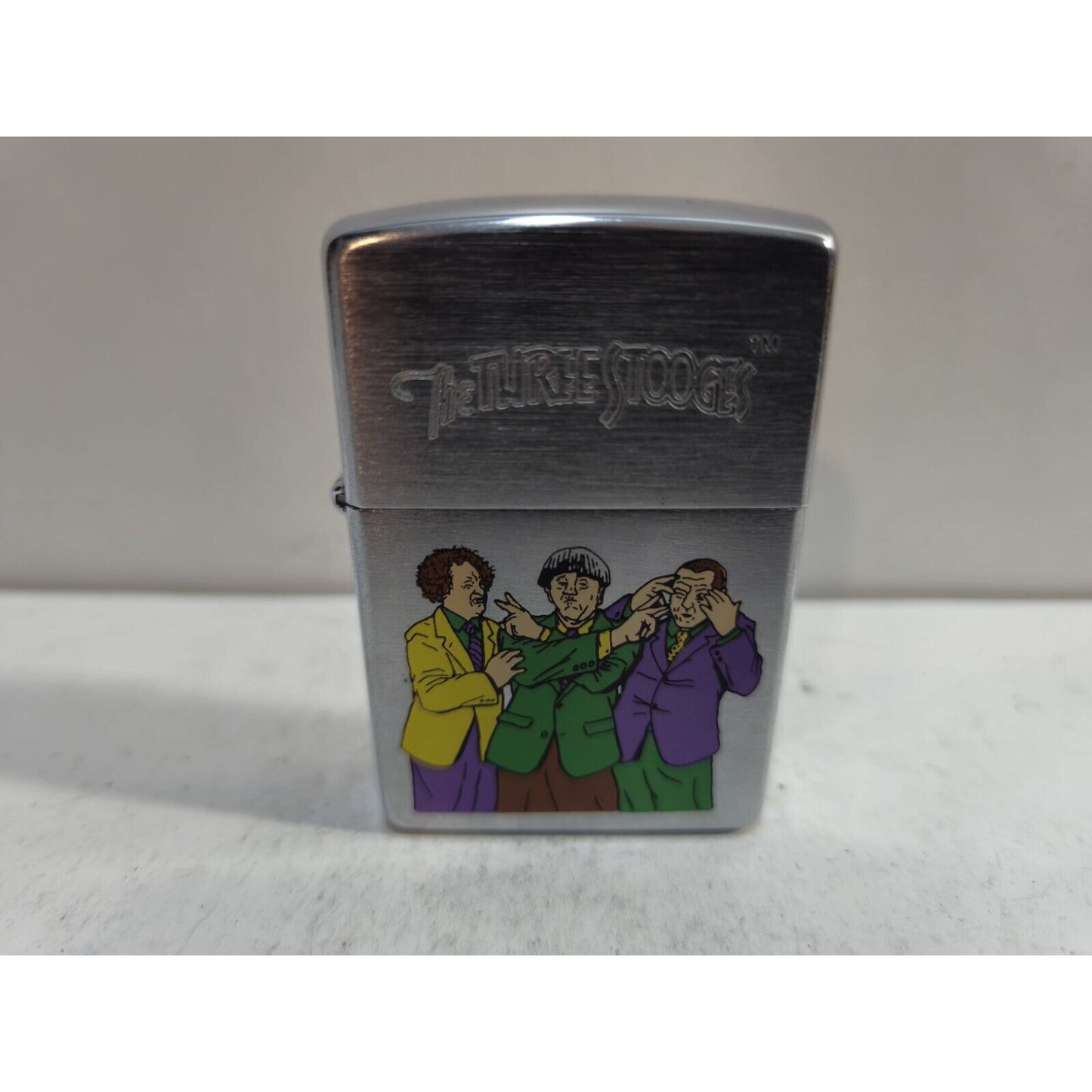 NOS Zippo Lighter Three Stooges Silly Men Brushed Chrome Sticker 7187/33