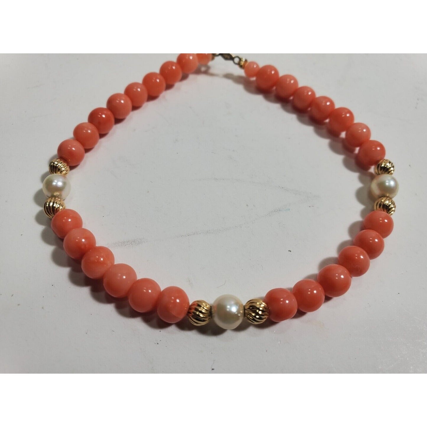 14K Yellow Gold Clasp & 5 mm Beads, Natural Coral Bead Bracelet 8" 5952/10