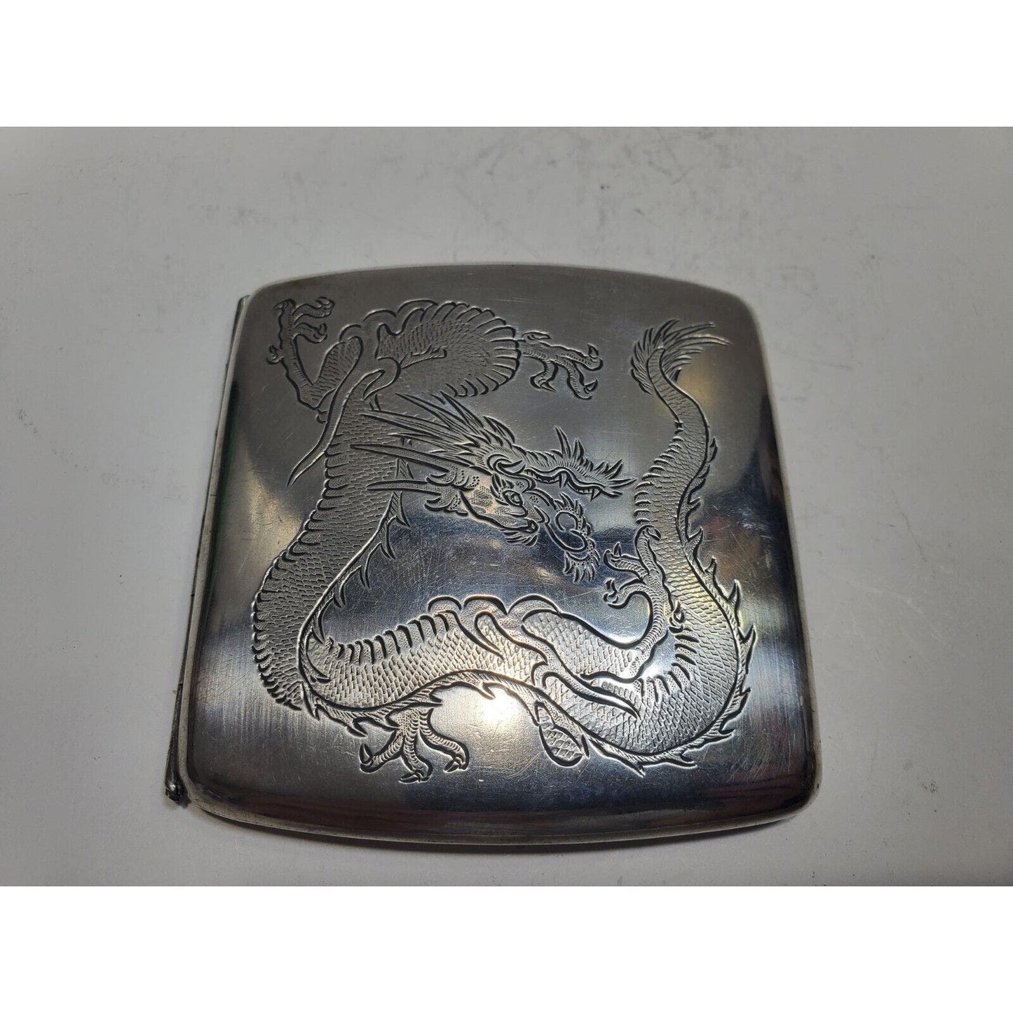 Antique Sterling Silver Chinese Dragon Cigarette Case 3 1/4 x 3 1/4" 6602/3