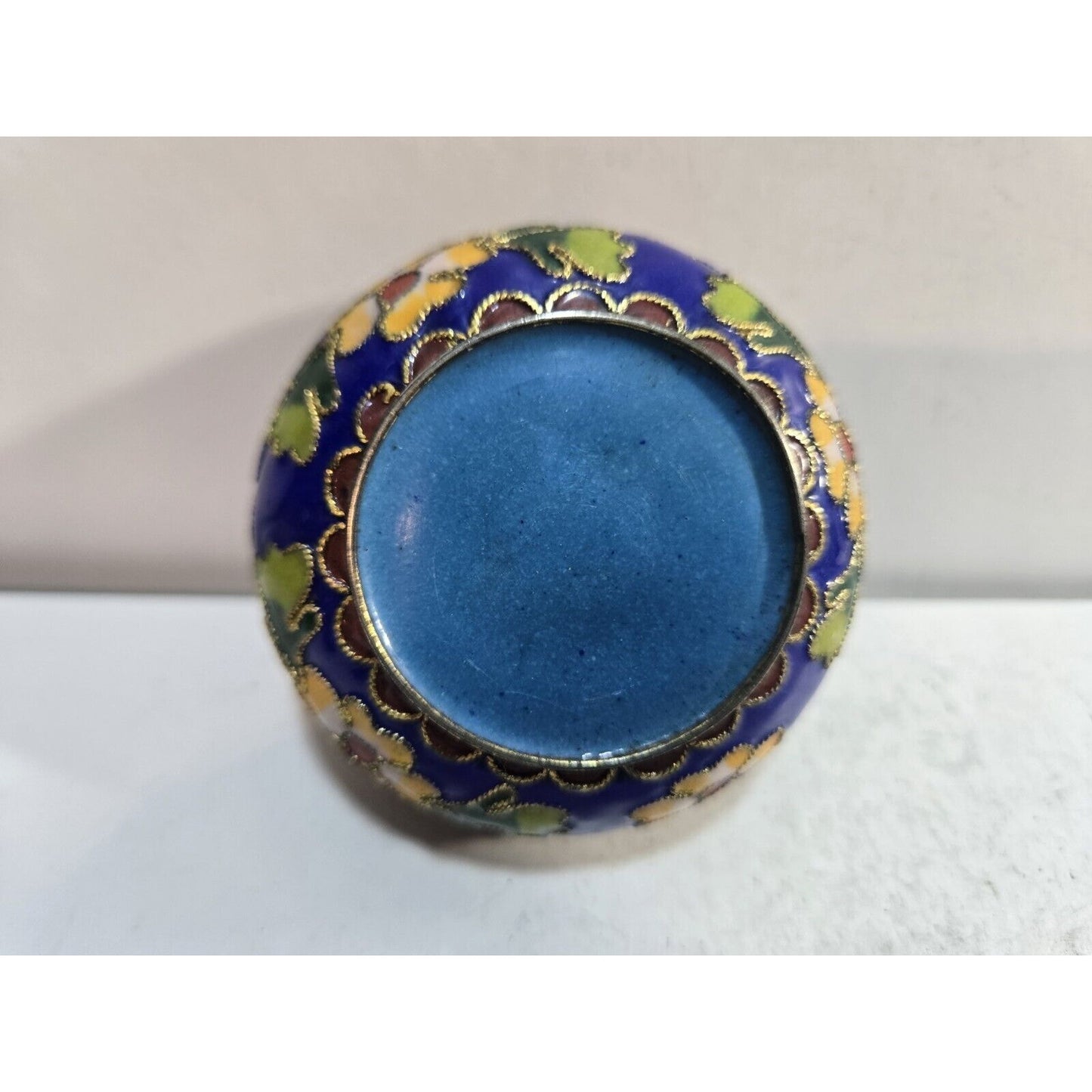 Vintage Enamel Jewelry Trinket Box Floral Brass 2 ½” Round Blue Inside