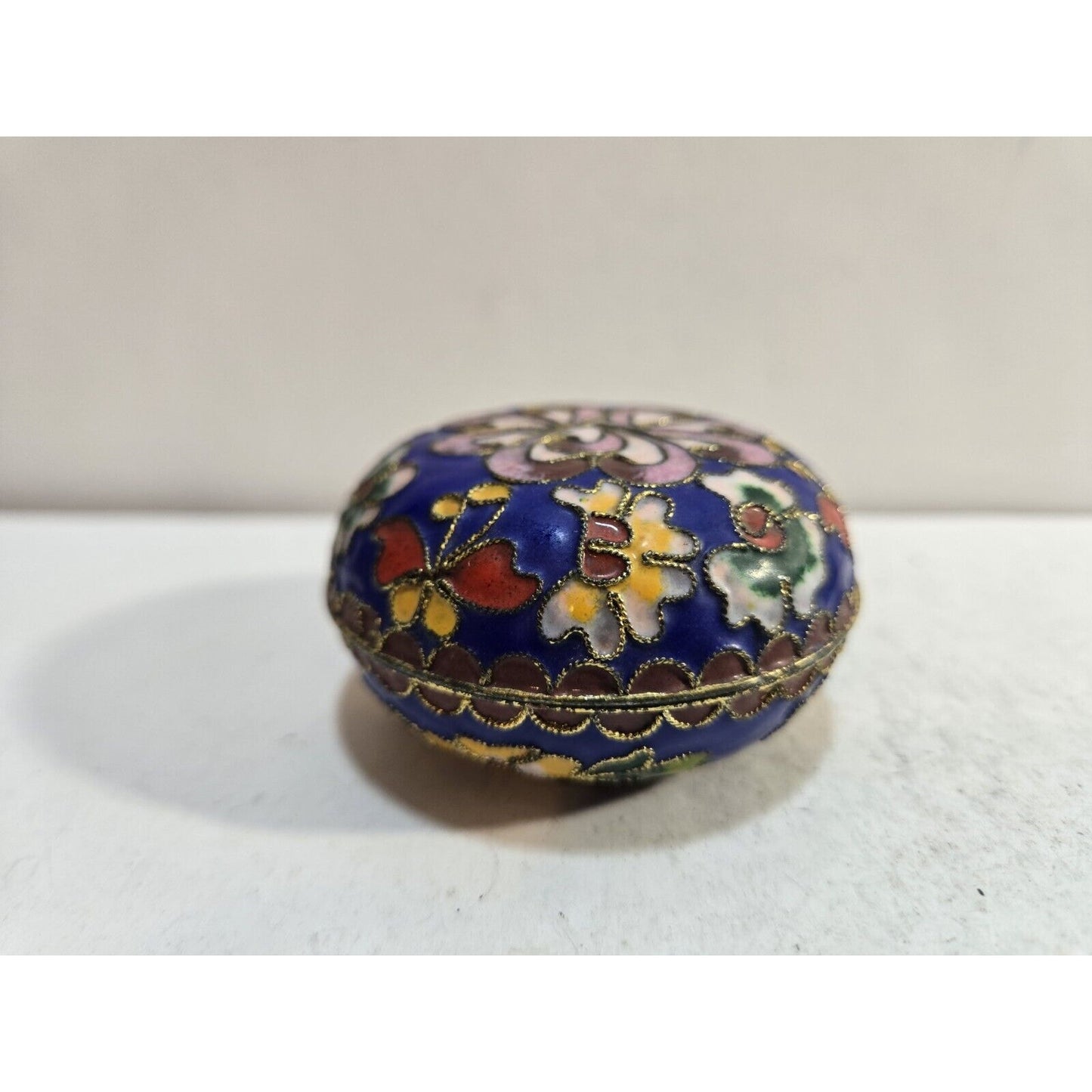 Vintage Enamel Jewelry Trinket Box Floral Brass 2 ½” Round Blue Inside