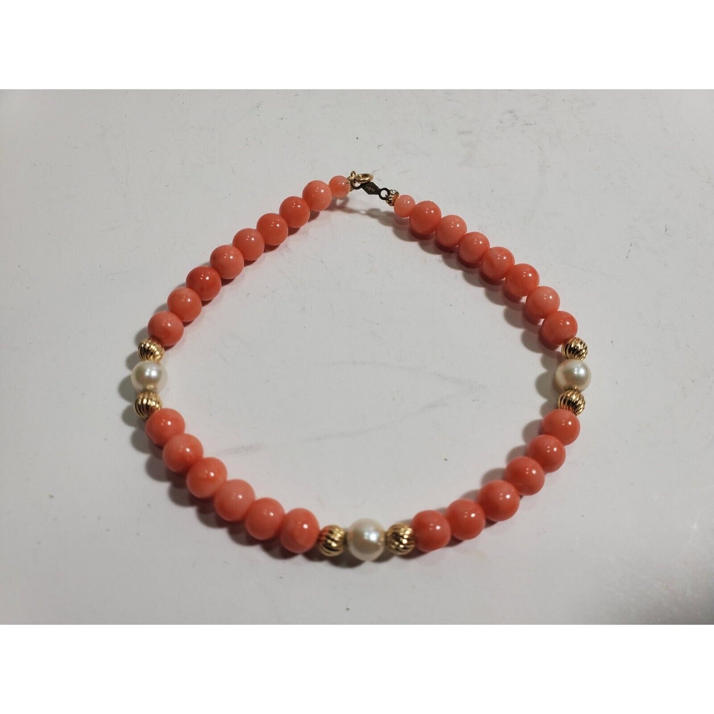 14K Yellow Gold Clasp & 5 mm Beads, Natural Coral Bead Bracelet 8" 5952/10