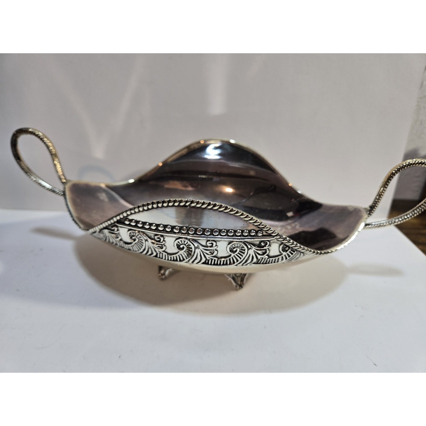Unique Vintage Fruit Bowl Candy Silver Plated 10" Engraved Two Handle Gondola