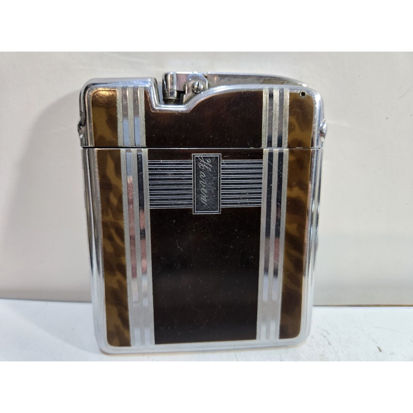 Working Ronson Art Deco Ten A Case Enamel Siler Tone Cigarette Case Lighter 7266