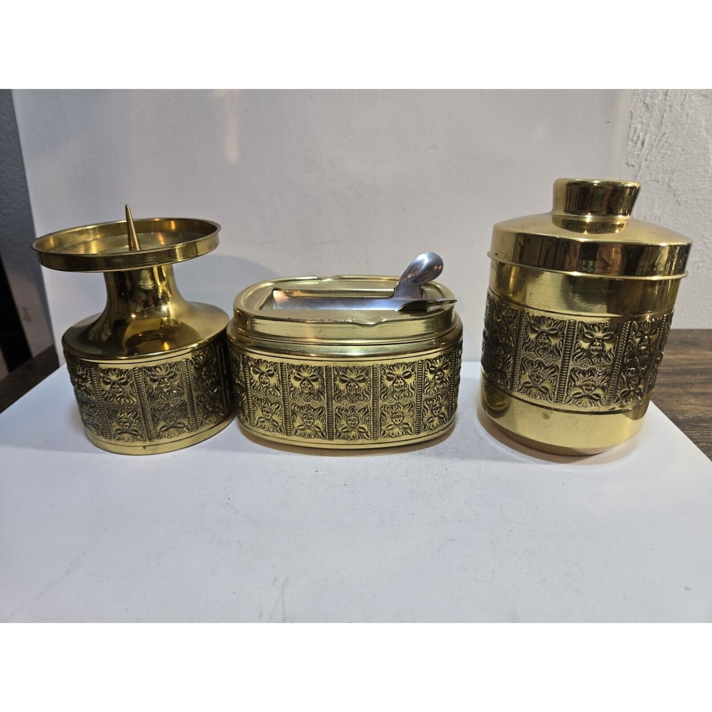 Vintage Erhard & Söhne Style Ashtray Smokers Set Gold Cigarette & Candle Holder