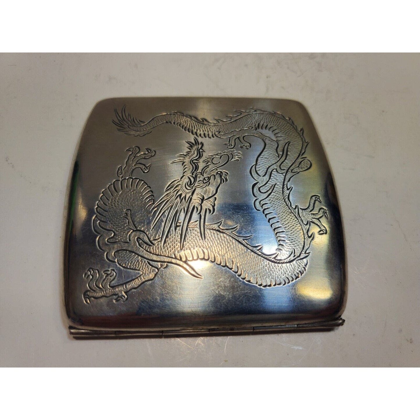 Antique Sterling Silver Chinese Dragon Cigarette Case 3 1/4 x 3 1/4" 6602/3