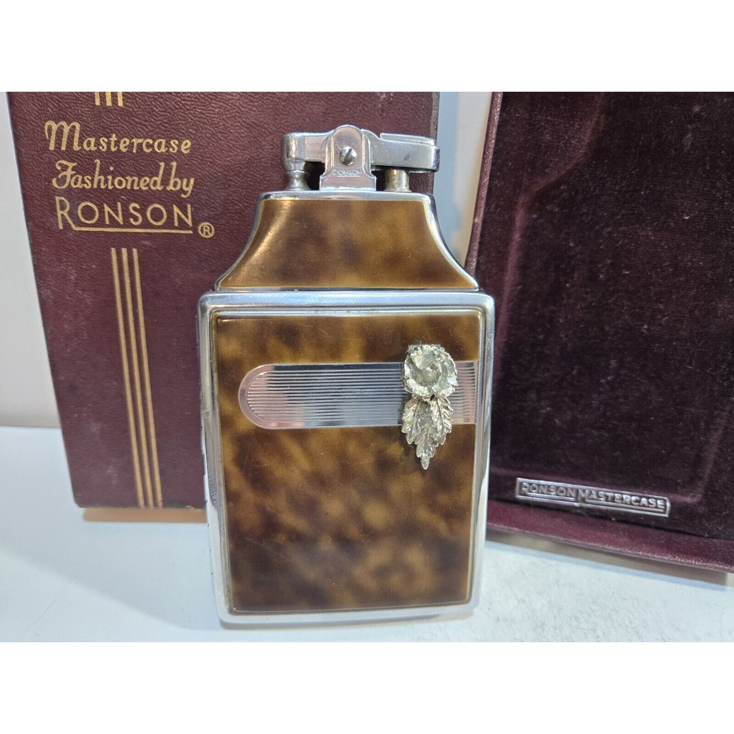 Working Ronson Mastercase Enamel Cigarette Case Lighter Original Case 7163/4