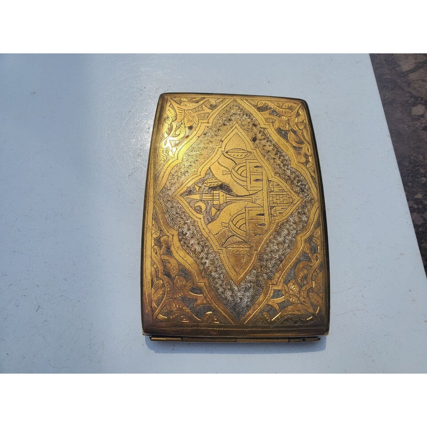 Antique Persian Gold Tone Brass Cigarette Case 4 3/4 x 3 1/4 5513/15