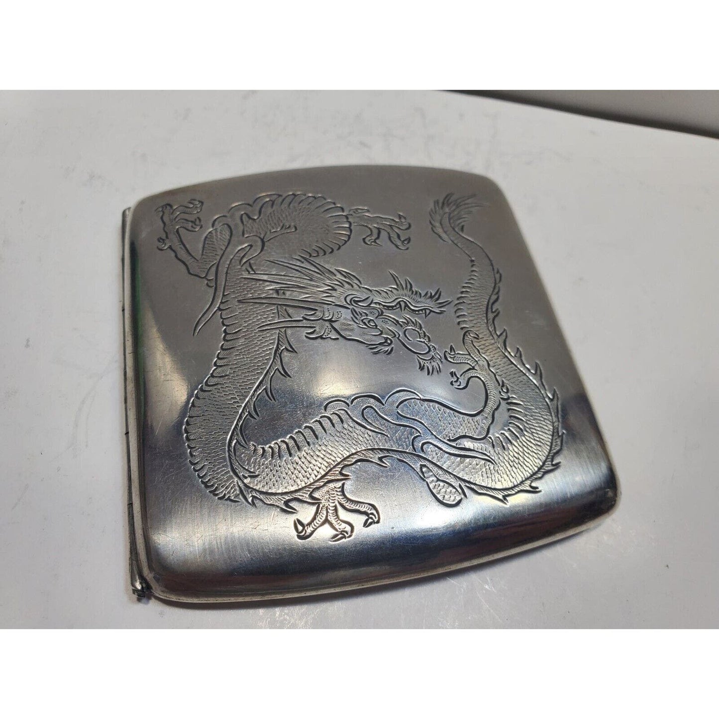 Antique Sterling Silver Chinese Dragon Cigarette Case 3 1/4 x 3 1/4" 6602/3