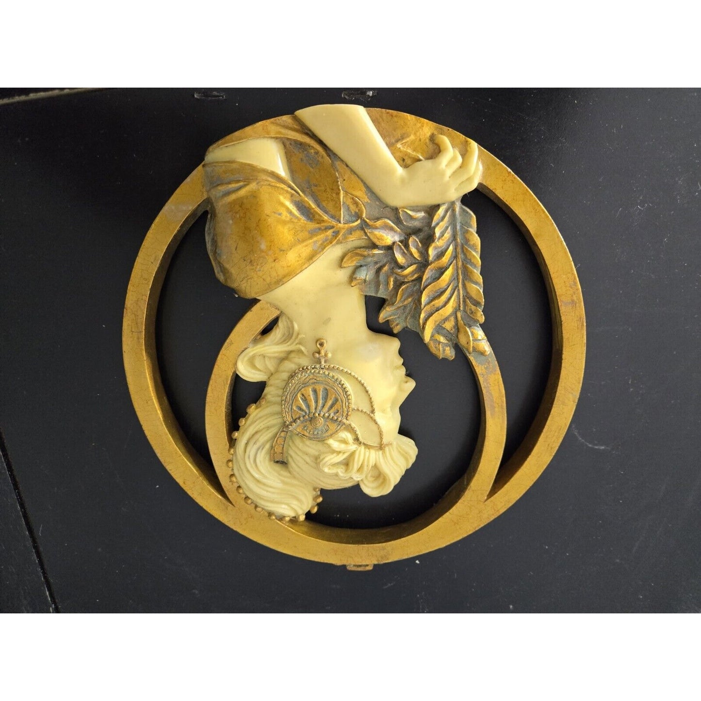 Vtg Art Nouveau Lady With Hat Mucha Ivorytone & Goldtone Round Mirror Plaque