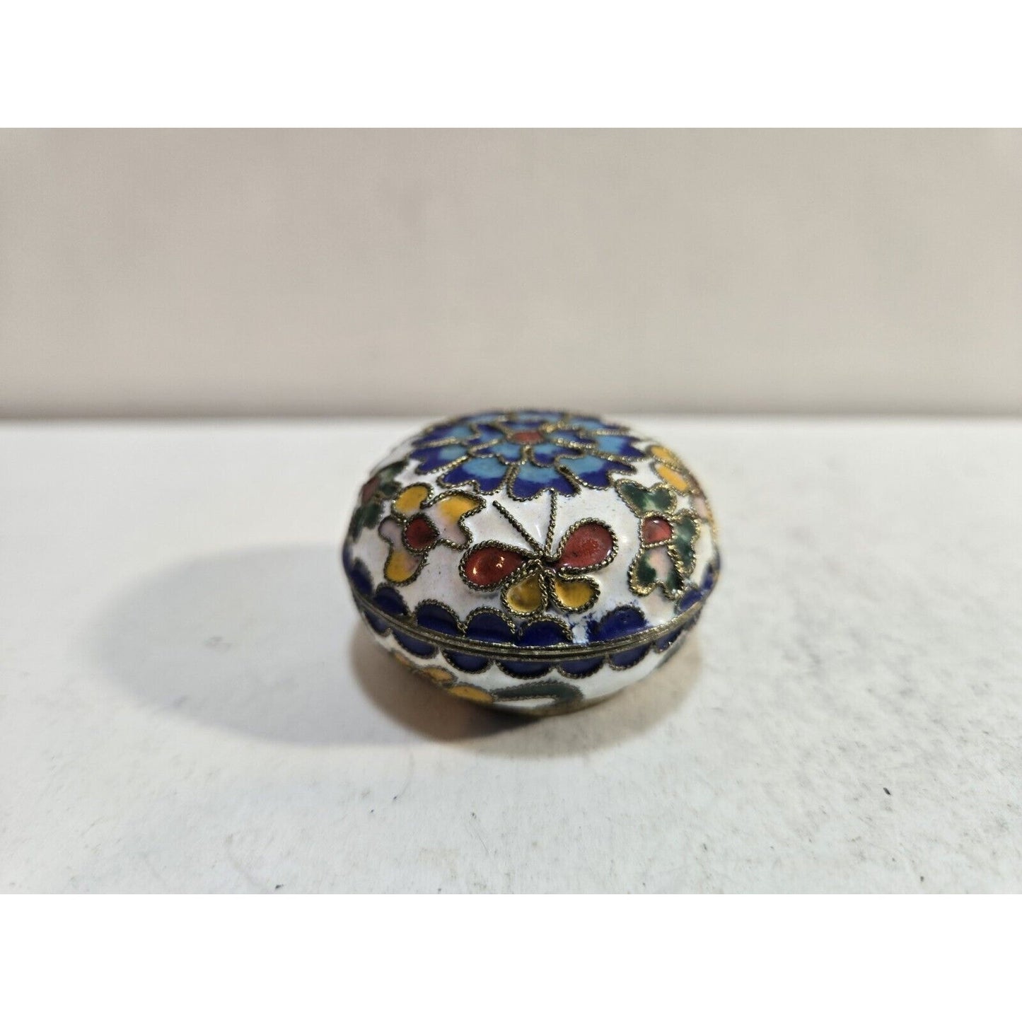 Vintage Enamel Jewelry Trinket Box Floral Brass 1 ½” Round