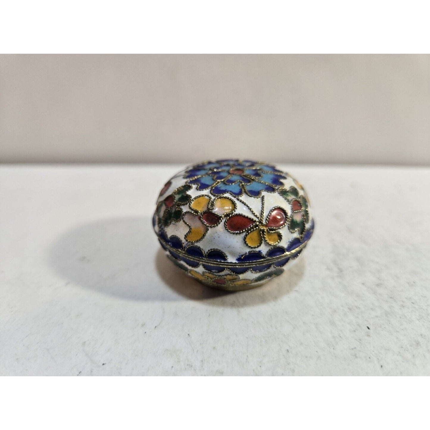 Vintage Enamel Jewelry Trinket Box Floral Brass 1 ½” Round