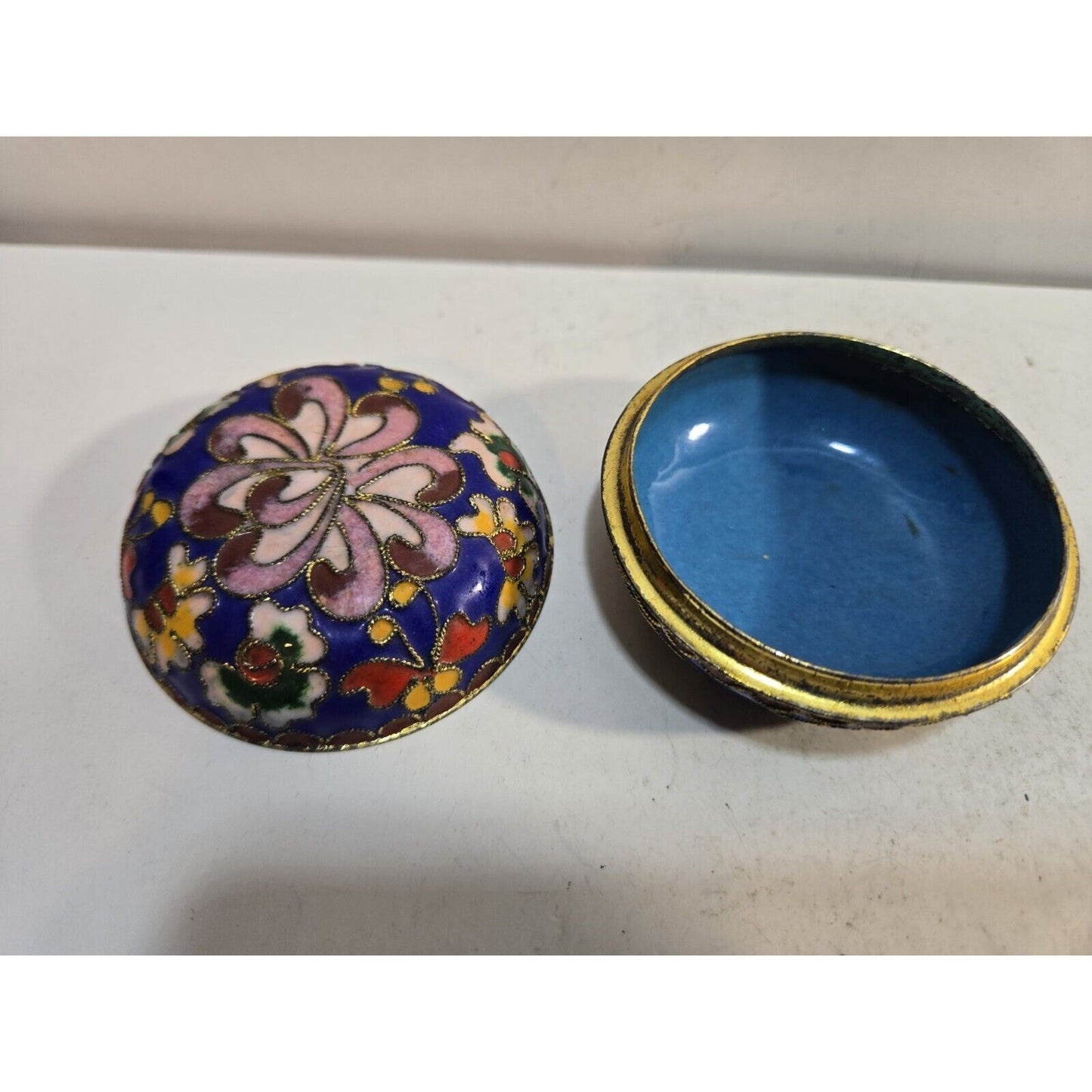 Vintage Enamel Jewelry Trinket Box Floral Brass 2 ½” Round Blue Inside