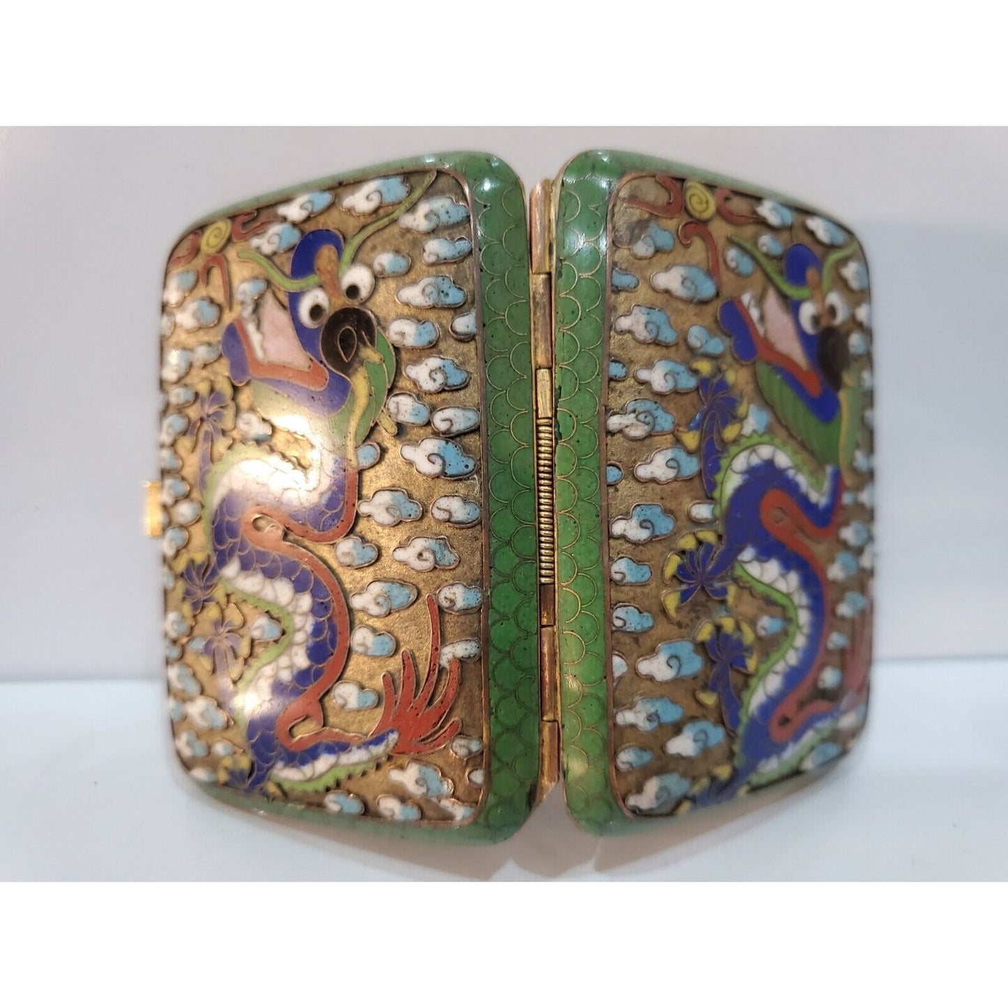 Antique ORIENTAL CLOISONNE ENAMEL Dragon Cigarette Case 3 x 2"