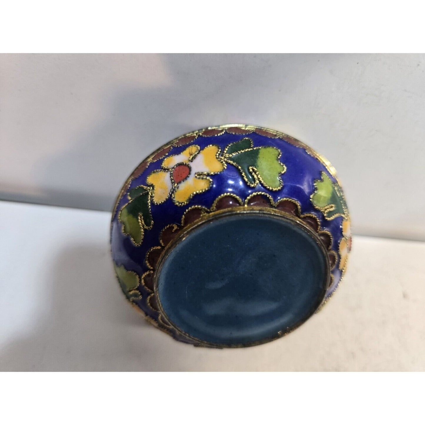 Vintage Enamel Jewelry Trinket Box Floral Brass 2 ½” Round Blue Inside