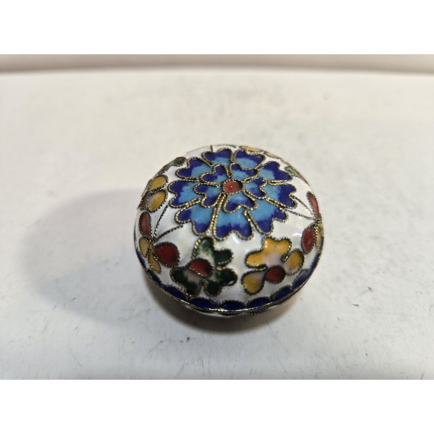 Vintage Enamel Jewelry Trinket Box Floral Brass 1 ½” Round