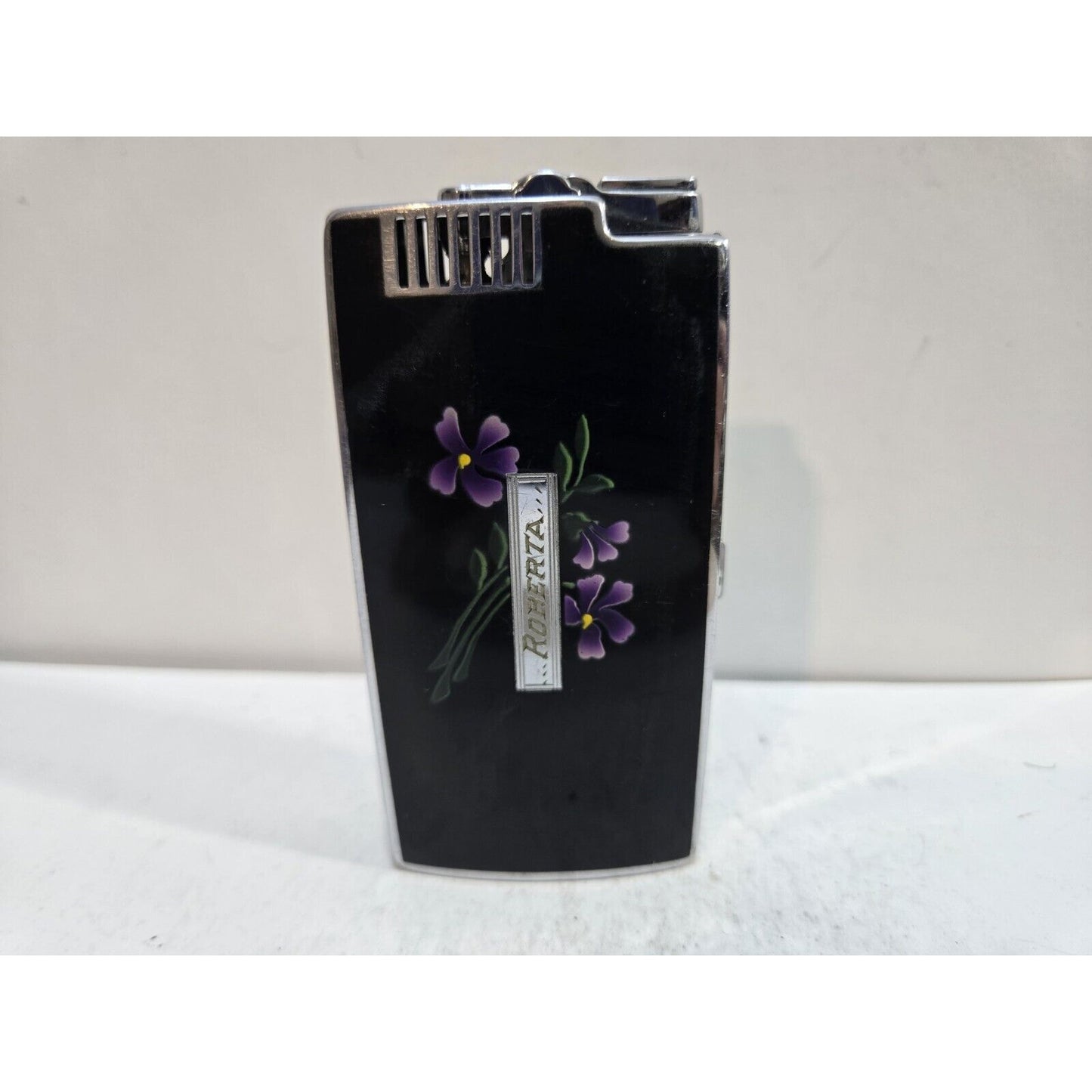 Vintage Working Ronson Pal Cigarette Case LIGHTER Black Violet Flower 7404/14