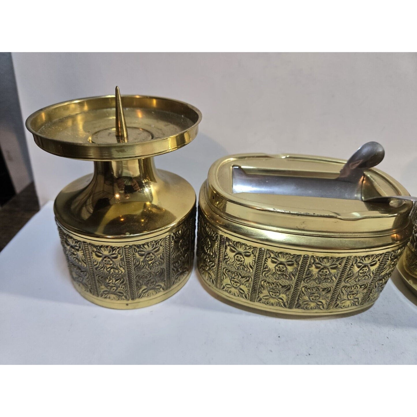 Vintage Erhard & Söhne Style Ashtray Smokers Set Gold Cigarette & Candle Holder