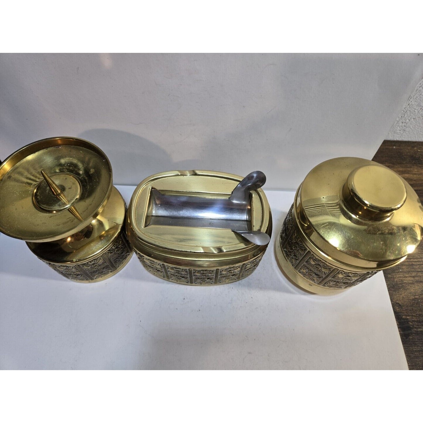 Vintage Erhard & Söhne Style Ashtray Smokers Set Gold Cigarette & Candle Holder