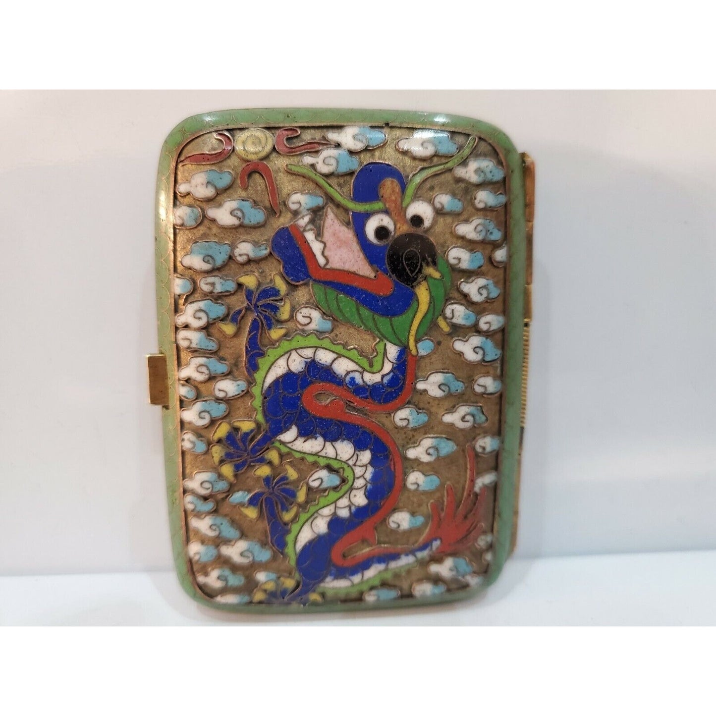 Antique ORIENTAL CLOISONNE ENAMEL Dragon Cigarette Case 3 x 2"