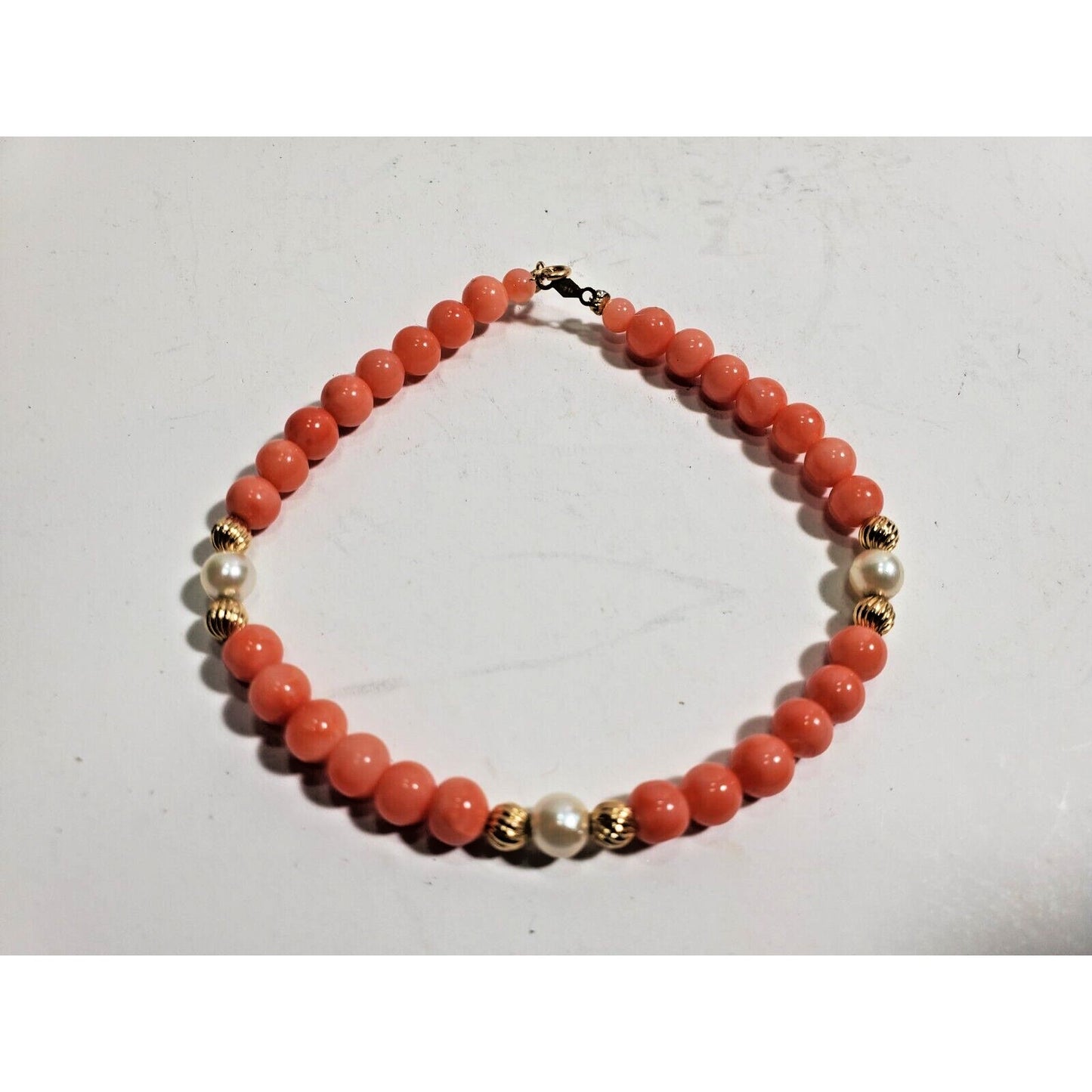 14K Yellow Gold Clasp & 5 mm Beads, Natural Coral Bead Bracelet 8" 5952/10