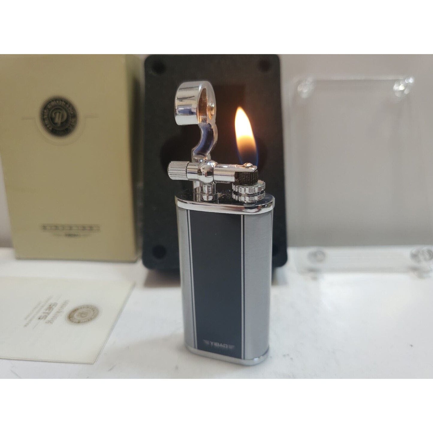 NOS WORKING Yibao Liftarm Enamel Silver Tone Lighter, ORIGINAL BOX 6775/24