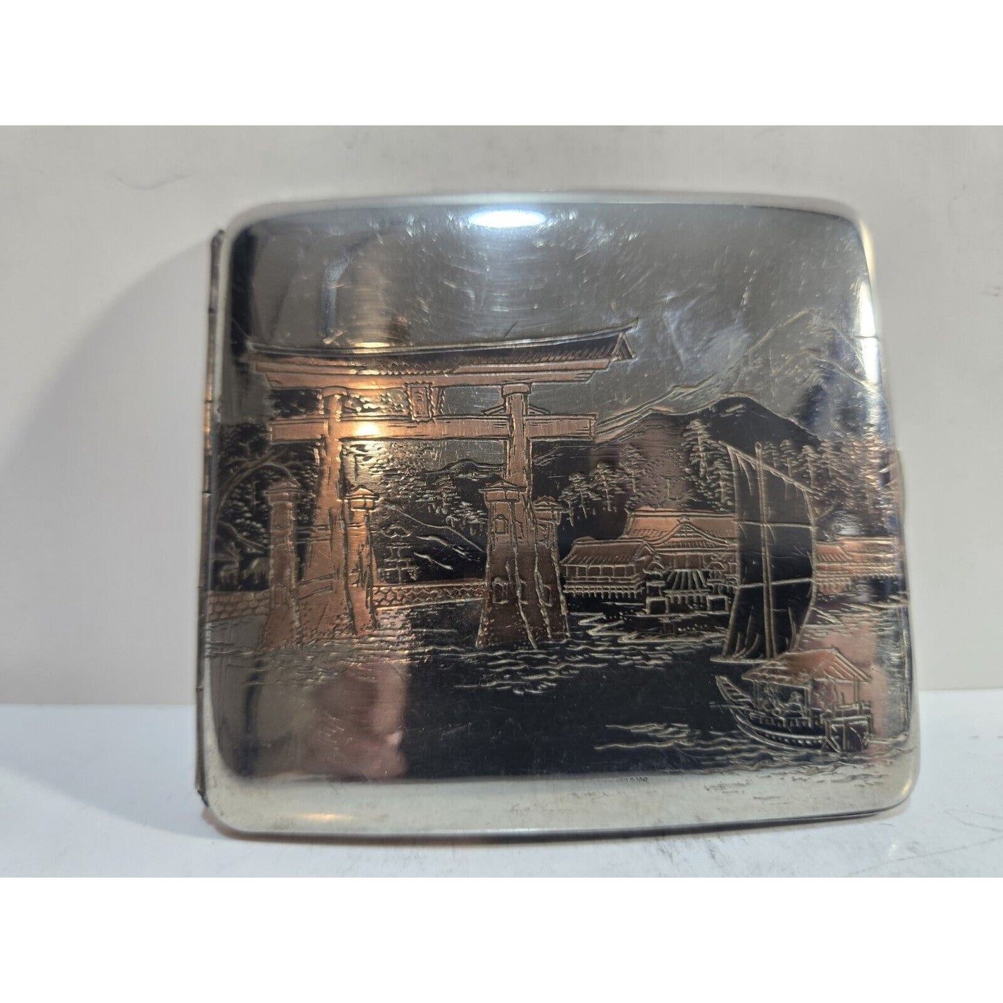 Vintage Mt Fuji Japan Etched Mountain Scene Silver Cigarette Case 7672/2