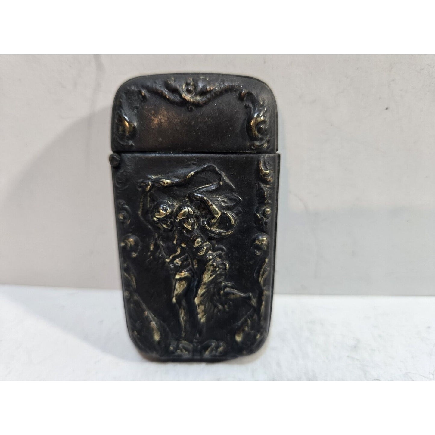 Vintage Silverplate Art Nouveau Dancing Nude Women Match Case Safe Vesta Nymph