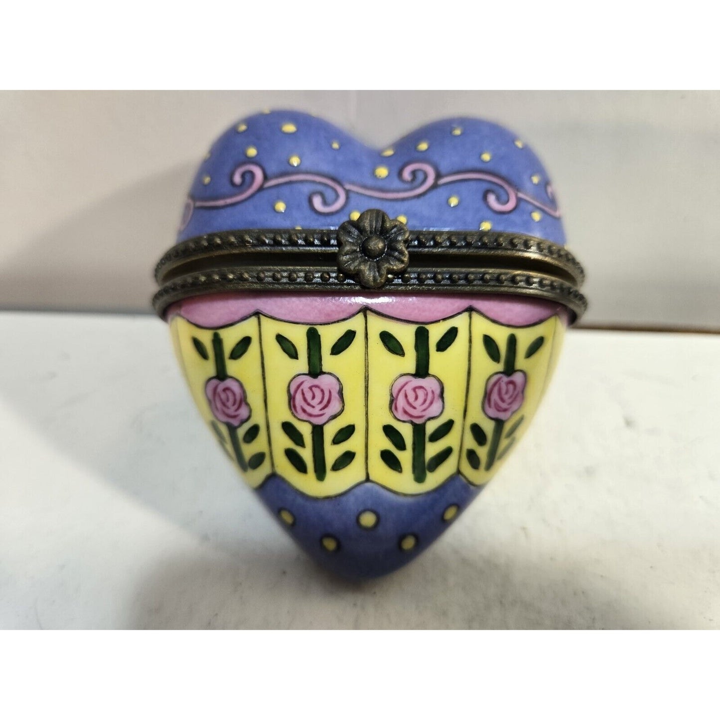 Porcelain Rose Pattern Heart Shaped Hinged Lid Trinket Box Pink Blue