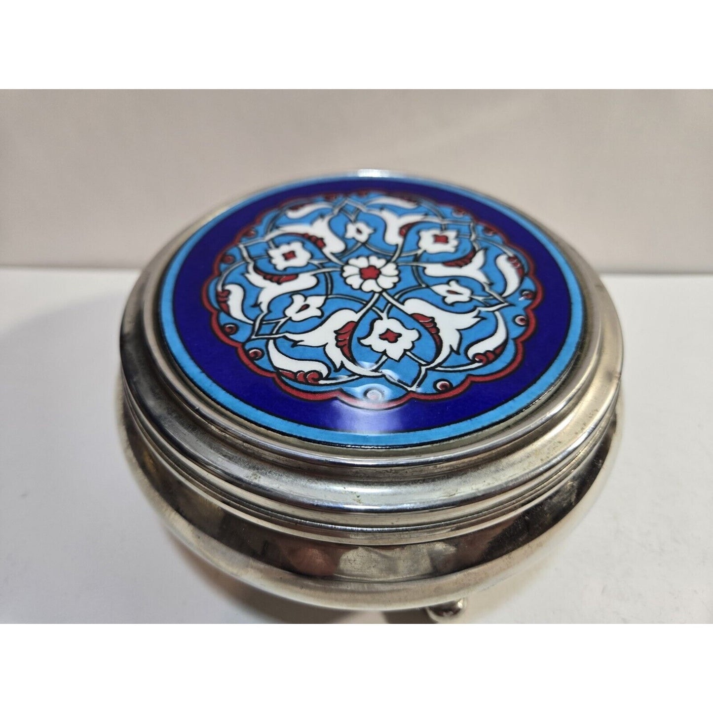 Turkish Pottery Tile On Round Trinket Bowl With Lid 5"