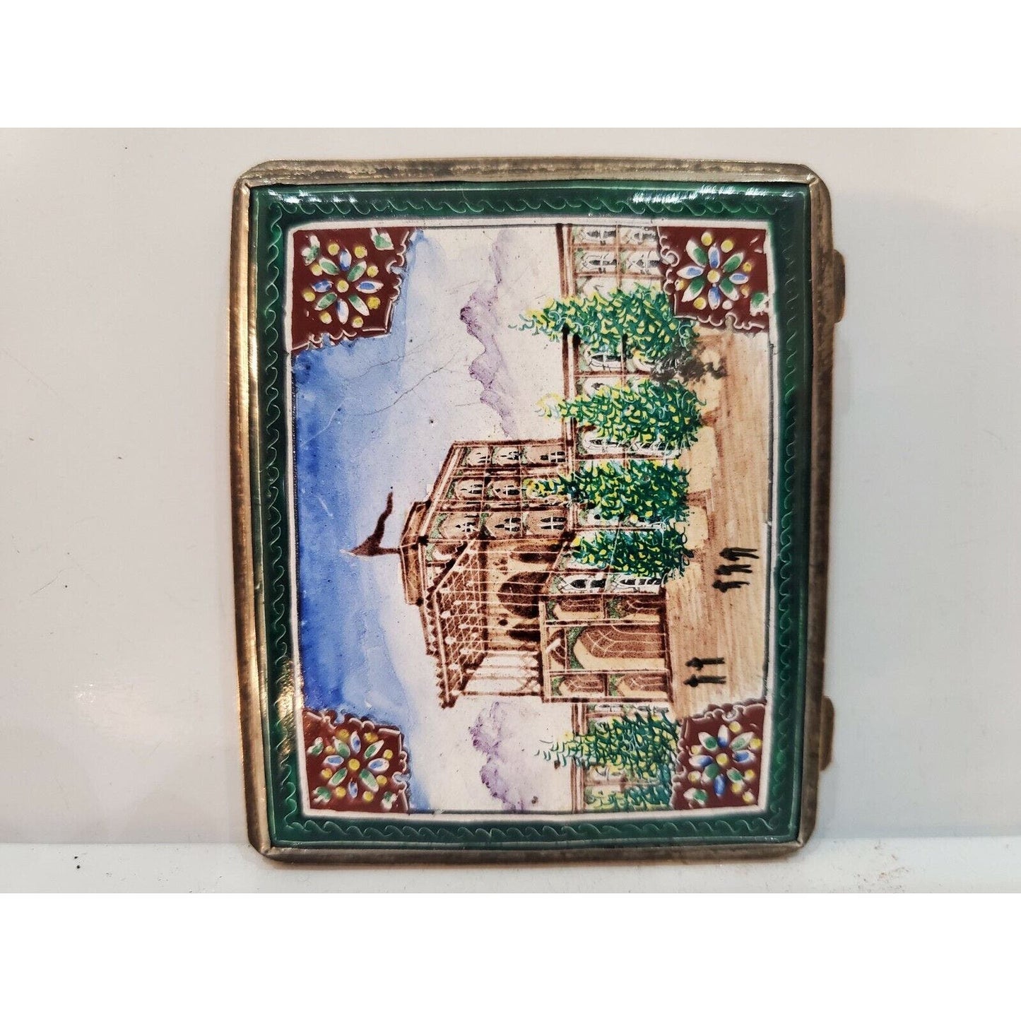 Antique Persian Enamel & Silver Tone Cigarette Case / 3 1/4 x 2 3/4" 3074.21