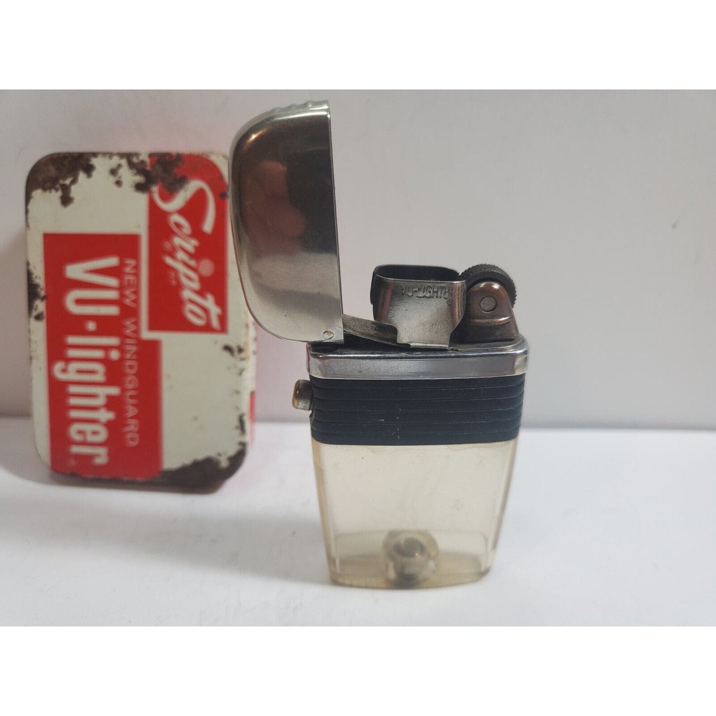 Vintage Working Scripto VU Lighter, Clear No Insert, Black, Orig Box 6055/24