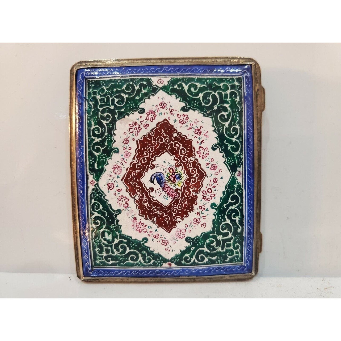 Antique Persian Enamel & Silver Tone Cigarette Case / 3 1/4 x 2 3/4" 3074.21