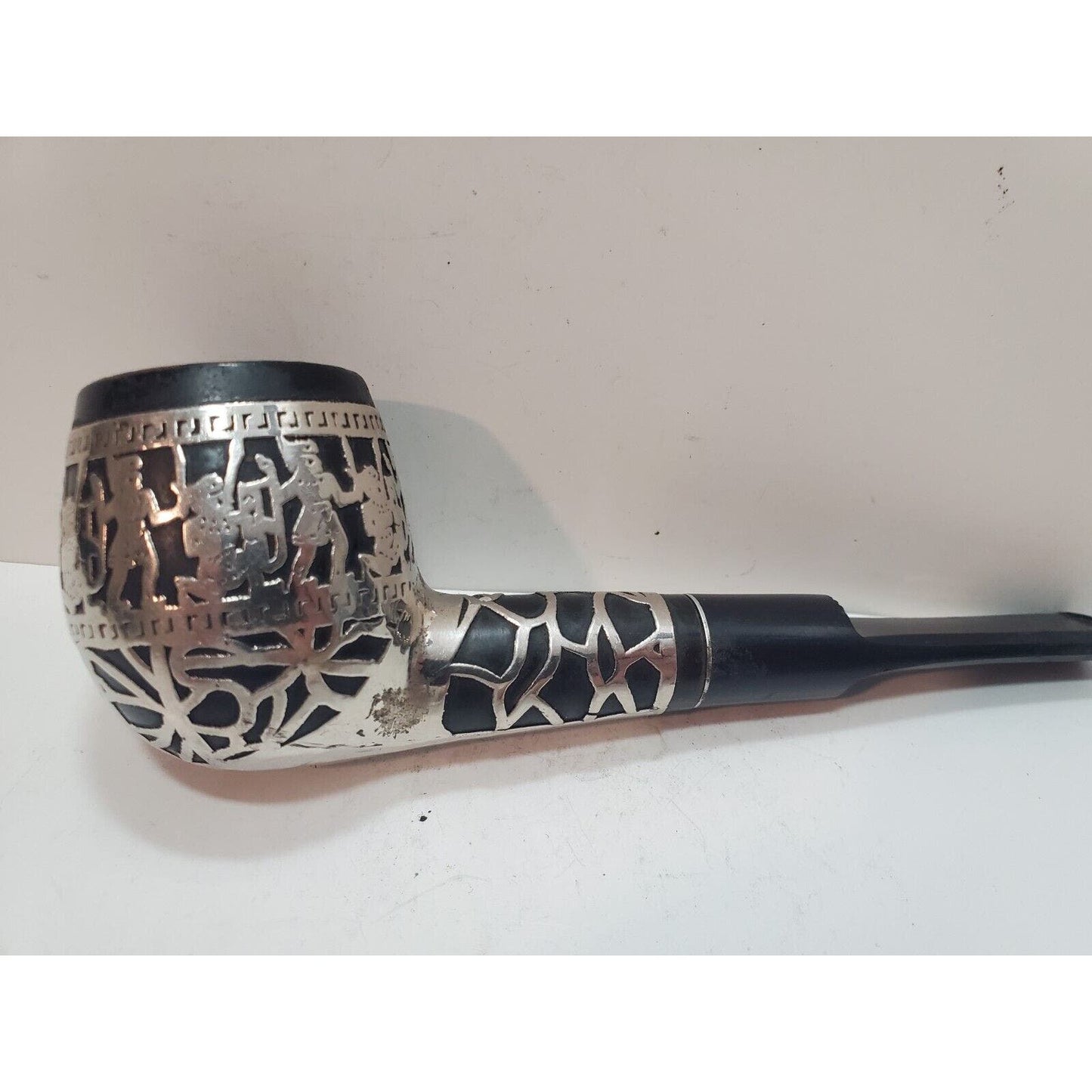 Vintage Sterling Silver 925 Overlay Tobacco Pipe MEDICO, Aztec Warrior Themed