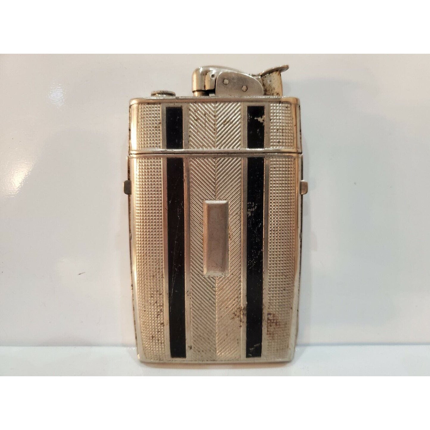 Evans Cigarette Case  Lighter Silver, Black Enamel 3 1/2 x 3 3064/16