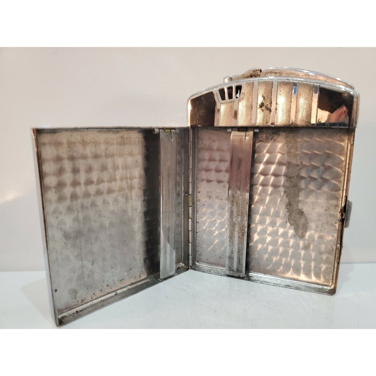 ANTIQUE Working Ronson TWENTYCASE Cigarette Case Lighter Enamel, Silver 3082.14