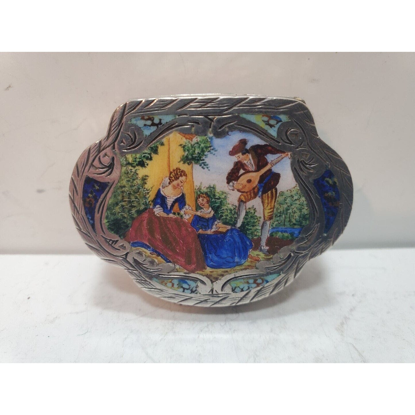 Vintage Italian Sterling Silver Enamel Love Couple Snuff Pill Trinket Box Case