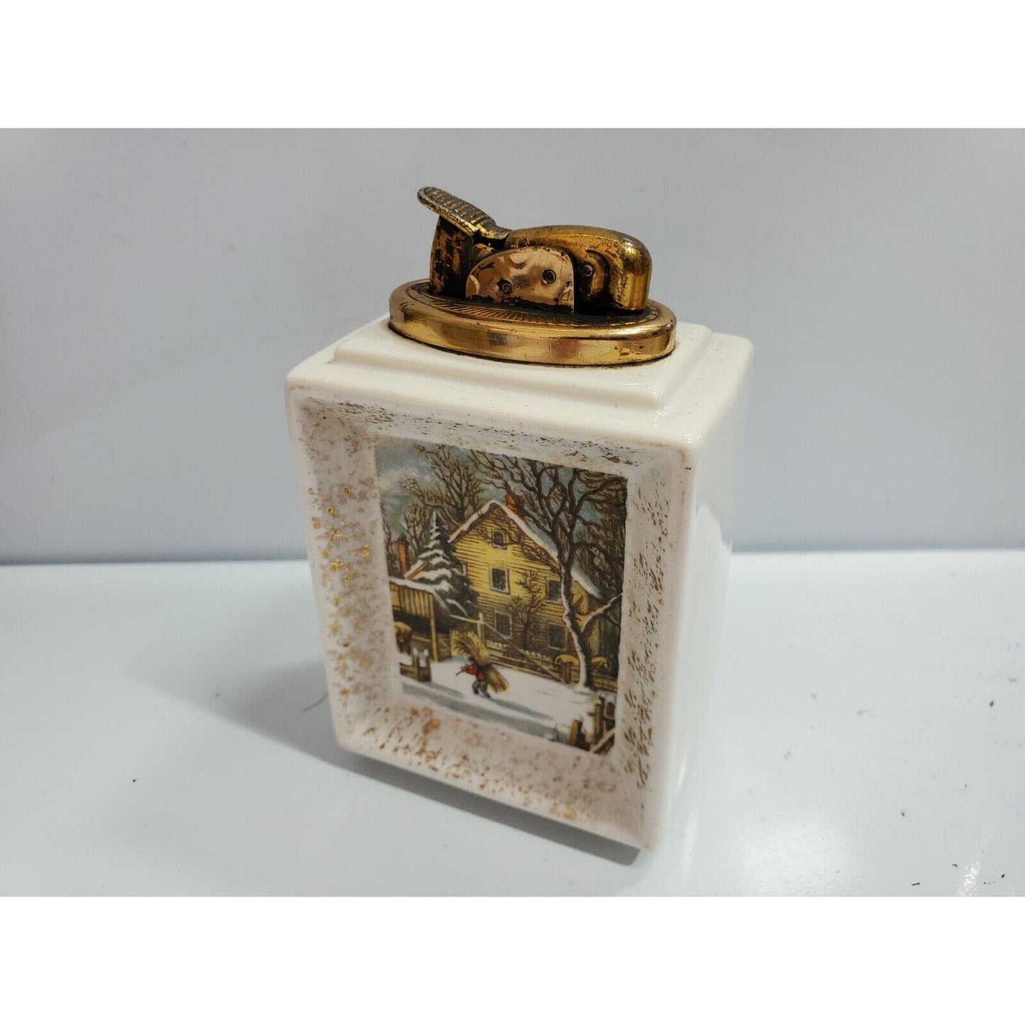 Vintage Working EVANS Table Lighter Currier & Ives WINTER SCENE c1928