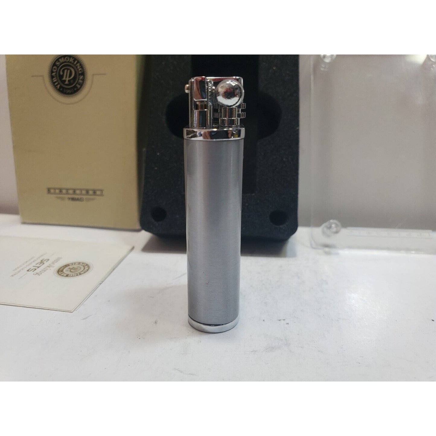 NOS WORKING Yibao Liftarm Enamel Silver Tone Lighter, ORIGINAL BOX 6775/24