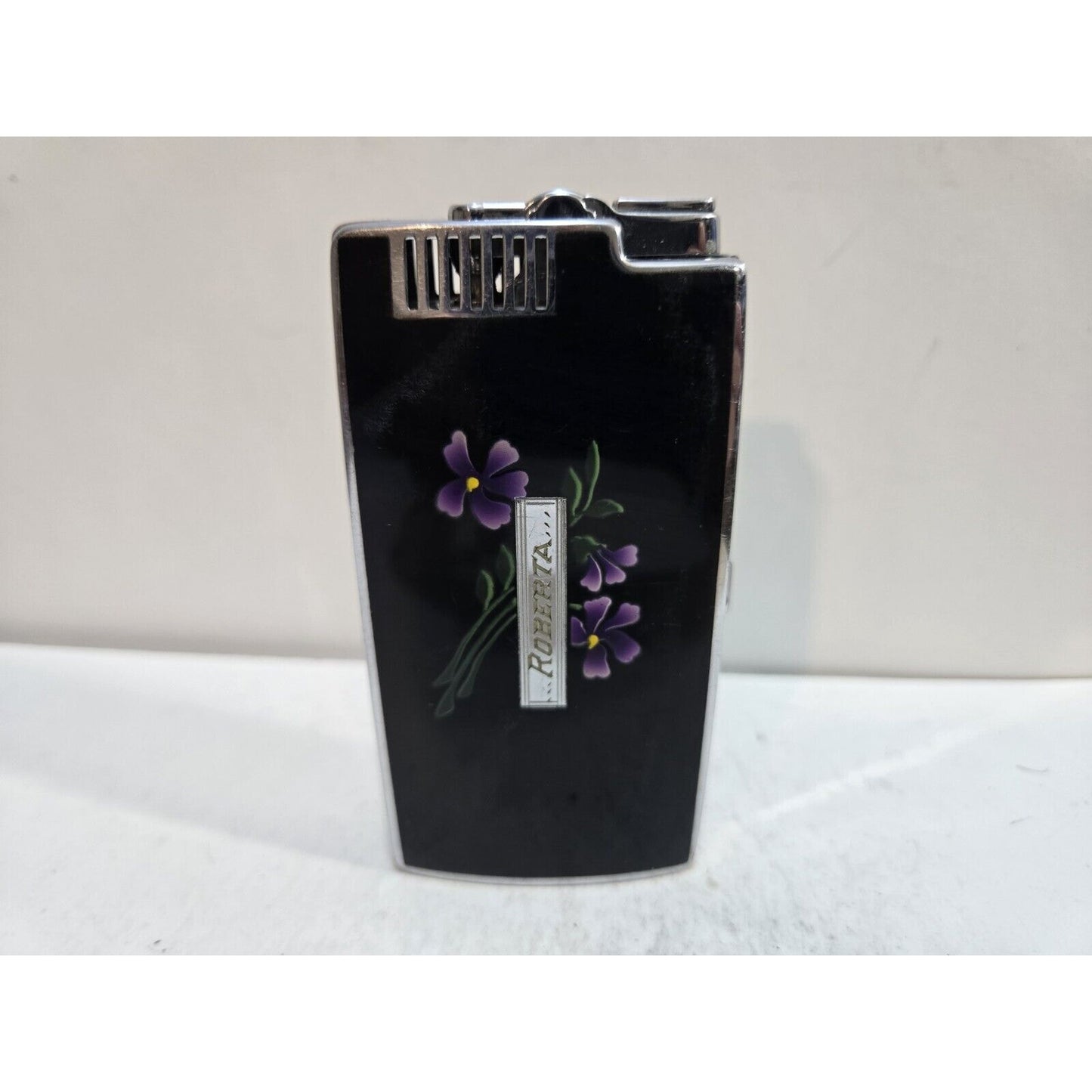Vintage Working Ronson Pal Cigarette Case LIGHTER Black Violet Flower 7404/14