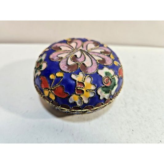 Vintage Enamel Jewelry Trinket Box Floral Brass 2 ½” Round Blue Inside
