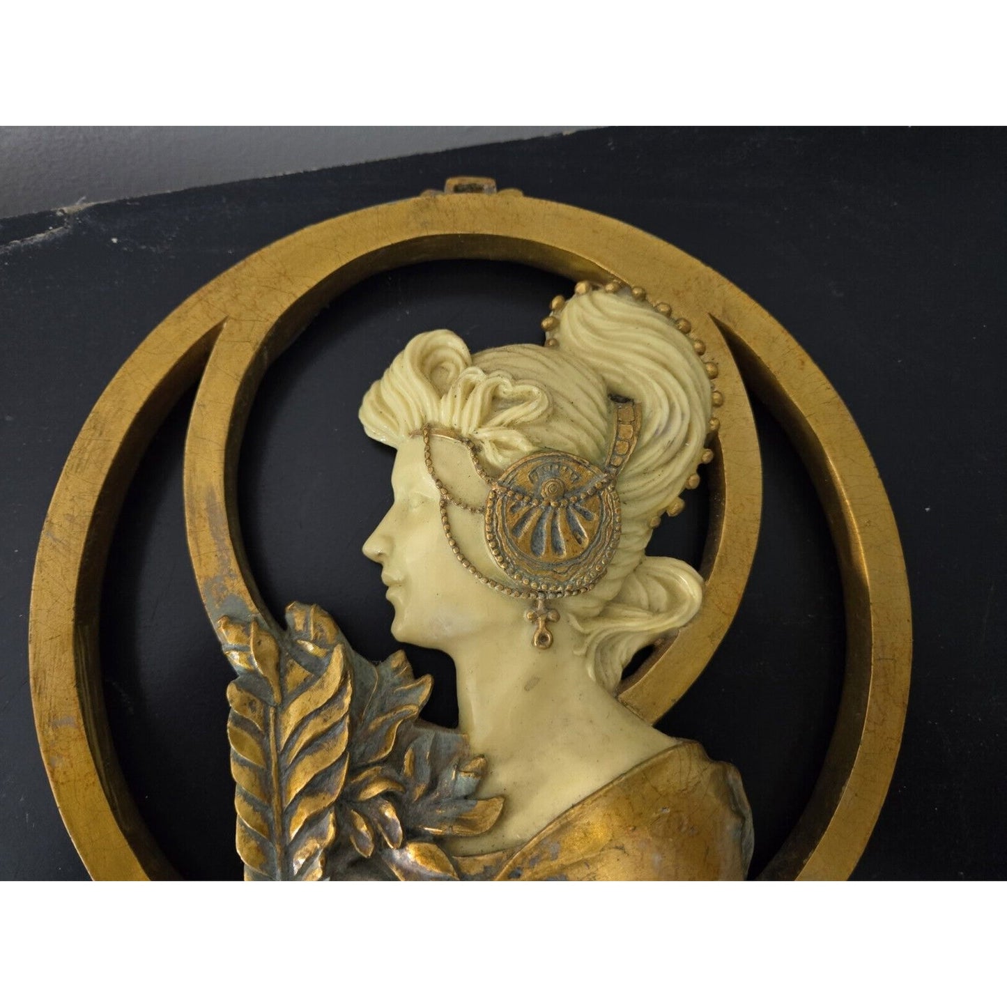 Vtg Art Nouveau Lady With Hat Mucha Ivorytone & Goldtone Round Mirror Plaque