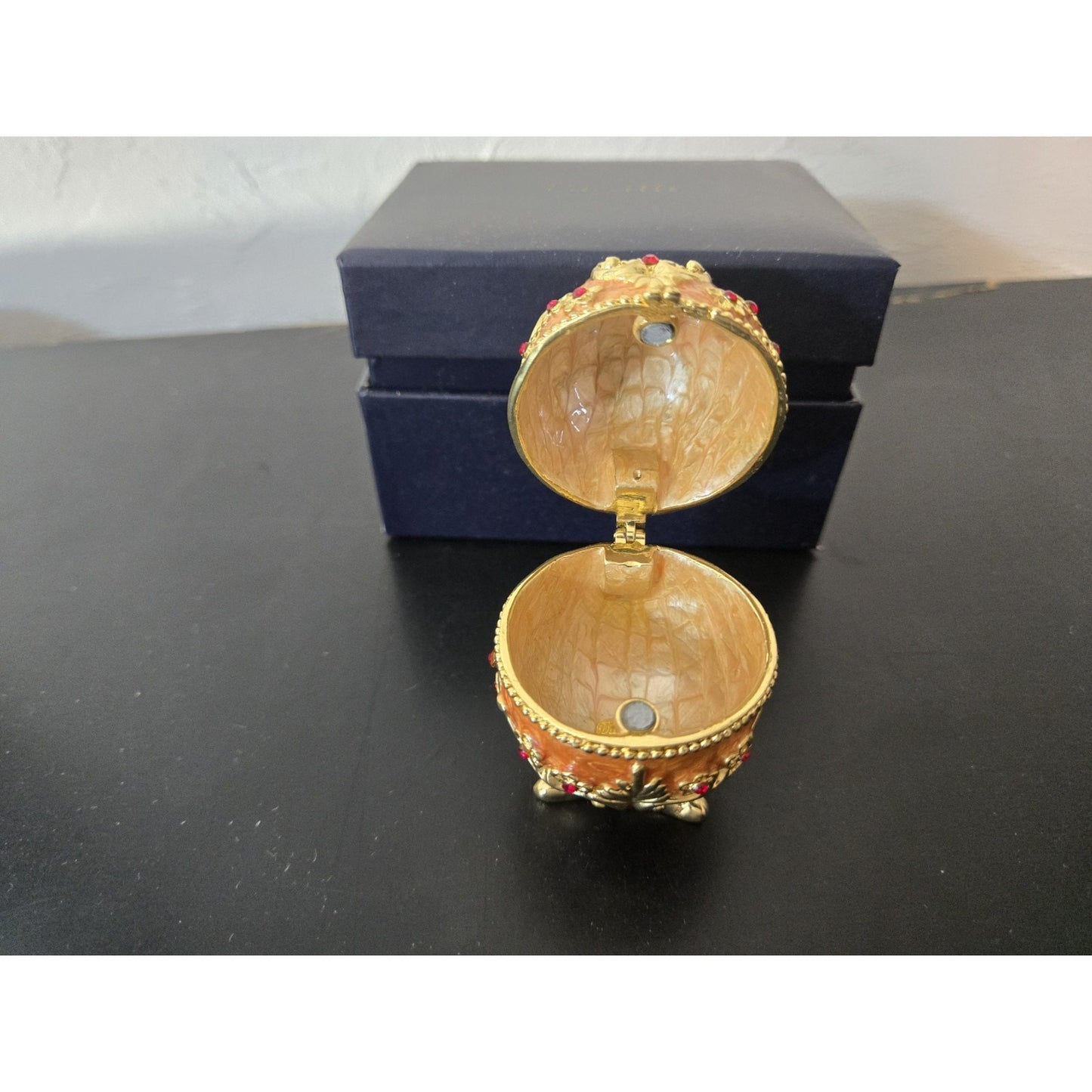 Easter Faberge Egg Trinket Box Hand-Painted Crystal Hinged Jewelry, Orig Box