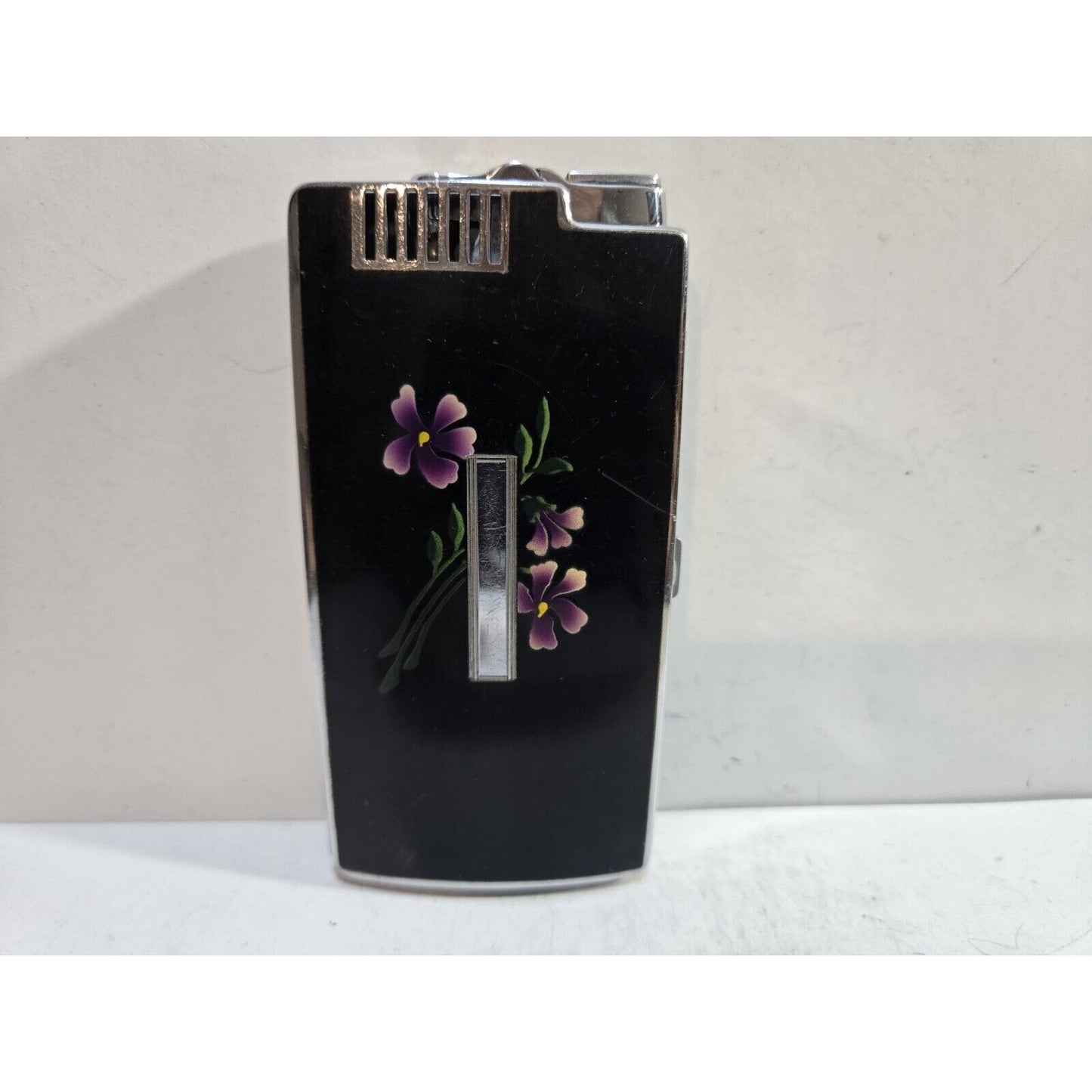 Vintage Working Ronson Pal Cigarette Case LIGHTER Black Violet Flower 7651/14